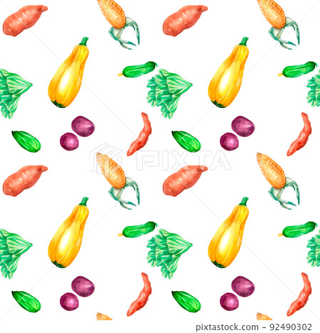 Variety of colorful vegetables watercolor seamless pattern on white. 92490302