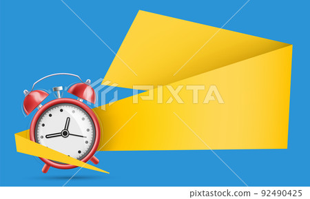 Ringing alarm clock with blank banner for your text. Ringing alarm clock with blank banner for your text. 92490425