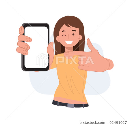 Woman showing blank smartphone screen and pointing on it. cartoon vector illustrations. 92491027