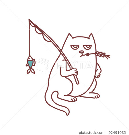 Fisherman cat with fishing rod and fish 92491083
