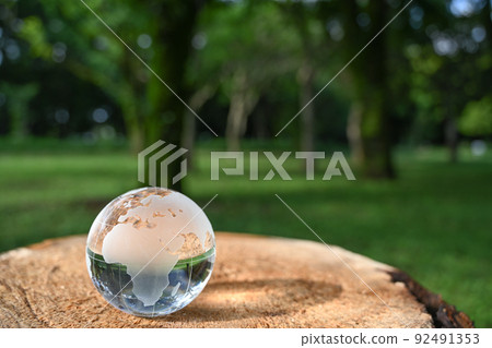 Image of glass globe placed on stump SDGs, environmental protection, peace, etc. 92491353