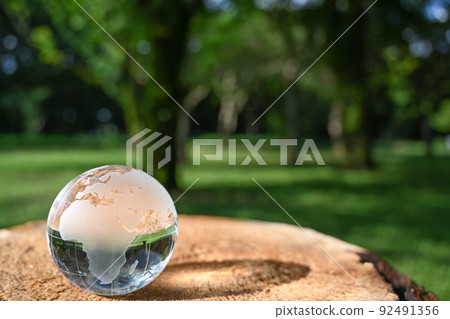 Image of glass globe placed on stump SDGs, environmental protection, peace, etc. Image of glass globe placed on stump SDGs, environmental protection, peace, etc. 92491356