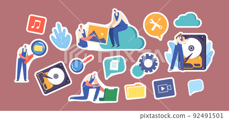 Set of Stickers Data Recovery, Backup and Protection, Hardware Repair Service. Characters in Worker Uniform Fix Files Set of Stickers Data Recovery, Backup and Protection, Hardware Repair Service. Characters in Worker Uniform Fix Files 92491501