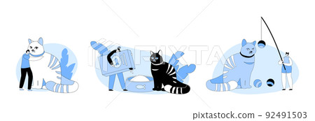 Set People Spend Time with Pets. Tiny Male and Female Characters Caring of Huge Cat, Feed, Play, Hugging, Animals Care Set People Spend Time with Pets. Tiny Male and Female Characters Caring of Huge Cat, Feed, Play, Hugging, Animals Care 92491503