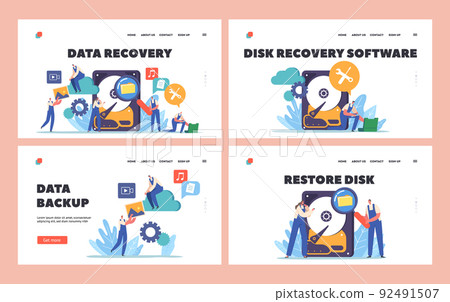 Data Recovery Landing Page Template Set. Tiny Workers Characters with Tools around of Huge Hard Disk. Information Backup 92491507