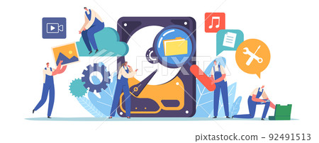 Tiny Workers Characters with Tools around of Huge Hard Disk. Concept of Data and Information Storage, Backup, Recovery 92491513