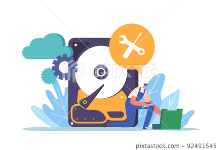 Backup, Data Recovery and Protection Service, Hardware Repair Concept. Tiny Worker Fixing Huge Broken Computer Hard Disk 92491545