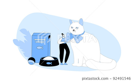 Tiny Female Character with Huge Cat and Accessories for Domestic Animal. Food in Plate and Package, Toy Ball 92491546