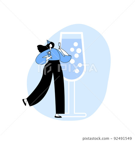 Young Woman Wear Funny Hat Holding Wineglass and Sparkler at Huge Glass with Champagne. Female Character Celebrating 92491549