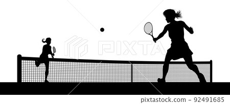 Tennis Women Playing Match Silhouette Players Tennis Women Playing Match Silhouette Players 92491685
