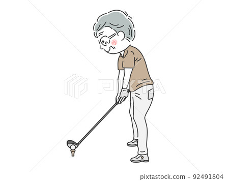 Illustration of an elderly man with a driver entering a golf address Illustration of an elderly man with a driver entering a golf address 92491804