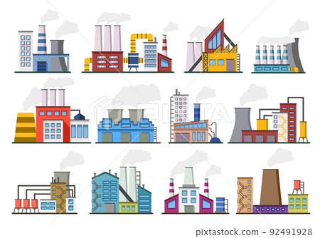 Factory industry power. Industrial buildings. Chemical station. Oil or gas plant. Electricity production construction with smoke chimneys. Urban manufacturing business. Vector icons set 92491928