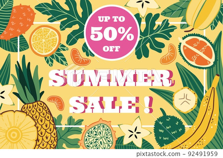 Summer sale banner. Fresh tropical discount horizontal poster, shop background, fashion and bright season offer with fruits. Pineapple and papaya with palm leaves flyer. Vector design template Summer sale banner. Fresh tropical discount horizontal poster, shop background, fashion and bright season offer with fruits. Pineapple and papaya with palm leaves flyer. Vector design template 92491959