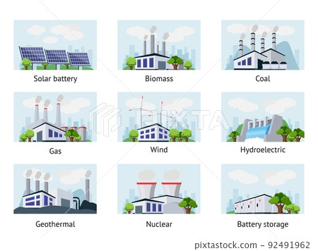 Energy power plant. Renewable and clean electric production. Coil and nuclear stations. Sustainable gas generation. Green windmill. Solar panels. Battery storage. Vector illustration set 92491962