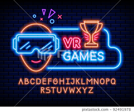 Neon video game text. VR computer gaming. Glowing signboard. Alphabet uppercase letters. Gamer with virtual reality glasses. Winner award. Vector typeface set for lighting billboard 92491978