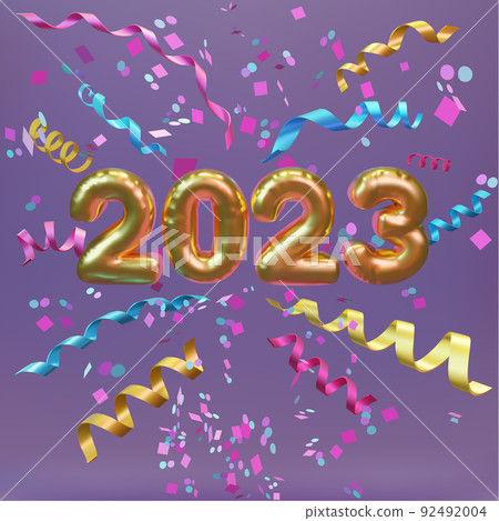 Happy new year 2023. Realistic golden foil balloons 3D. 92492004