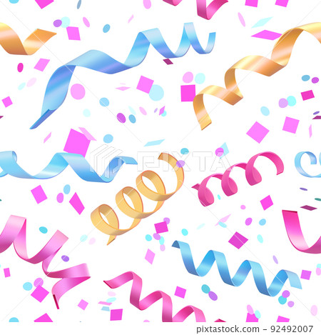 Colorful falling confetti, seamless carnival pattern. 3d realistic streamers with confetti. 92492007