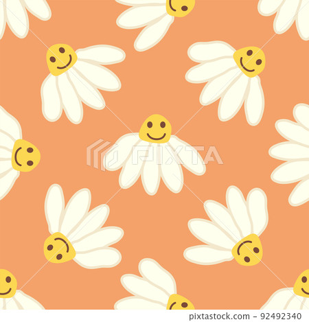 Chamomile smile 1970 pattern. Groovy daisy retro seamless pattern Chamomile smile 1970 pattern. Groovy daisy retro seamless pattern 92492340