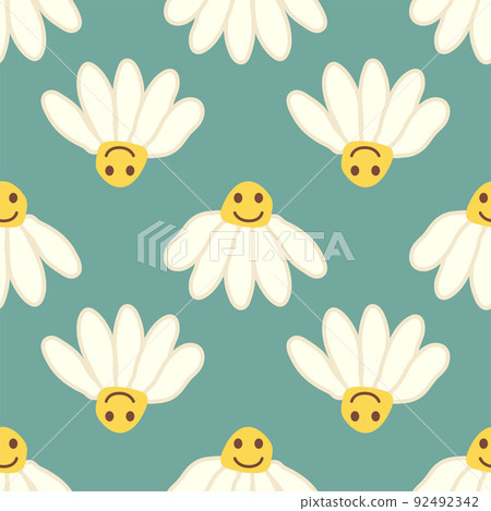 Chamomile smile 1970 pattern. Groovy daisy retro seamless pattern Chamomile smile 1970 pattern. Groovy daisy retro seamless pattern 92492342