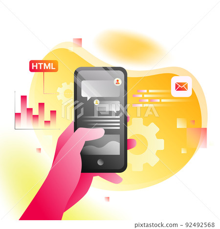 Isometric Application Illustration. Hand holding Smartphone, graphs and gears on white background Isometric Application Illustration. Hand holding Smartphone, graphs and gears on white background 92492568