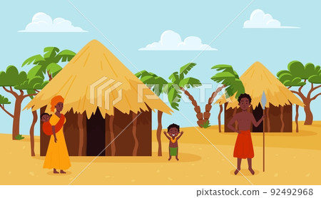 African landscape with huts, family and trees flat style, vector illustration 92492968
