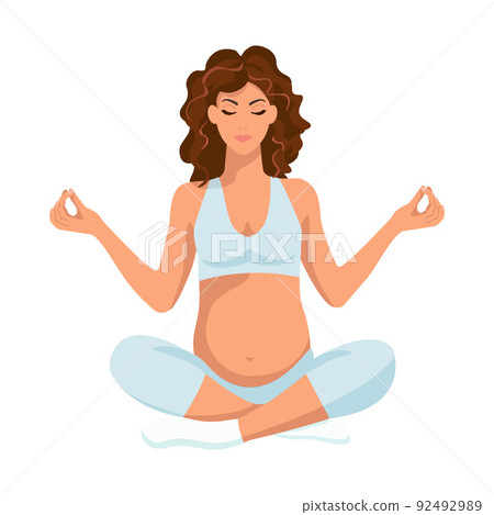 Yoga. Pregnant woman is sitting in the lotus position. Vector illustration. Cartoon style. Isolated white background. 92492989