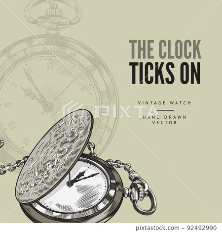 Squared banner with hand drawn pocket watch on chain sketch style 92492990