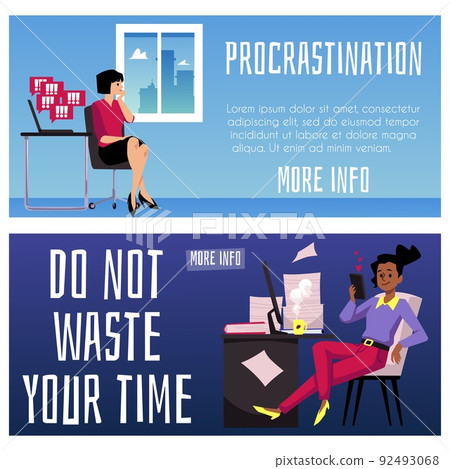 Procrastination and time wasting banners set, flat vector illustration. Procrastination and time wasting banners set, flat vector illustration. 92493068
