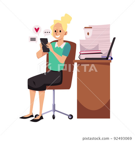 Woman chatting phone at workplace, flat vector illustration isolated on white. Woman chatting phone at workplace, flat vector illustration isolated on white. 92493069