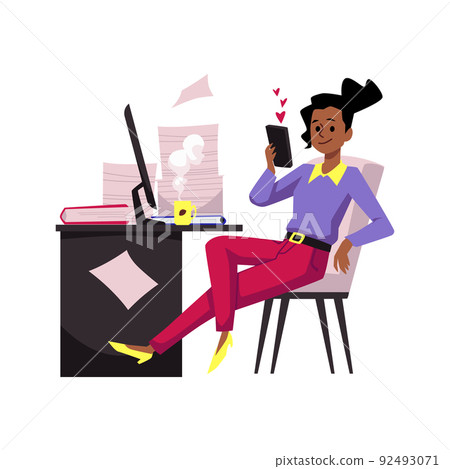 Woman at workplace procrastinates instead of working, flat vector isolated. Woman at workplace procrastinates instead of working, flat vector isolated. 92493071