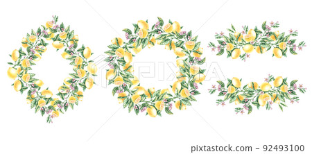 Watercolor set of lemon frames on a white background 92493100