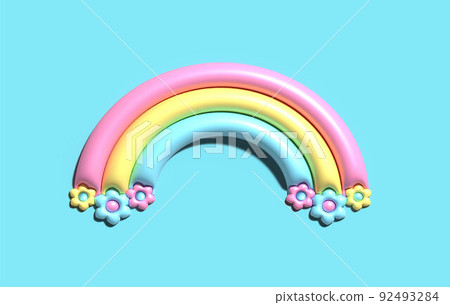 3d cute rainbow. Cartoon rainbow with flowers Colorful arch Isolated illustration on blue background 92493284