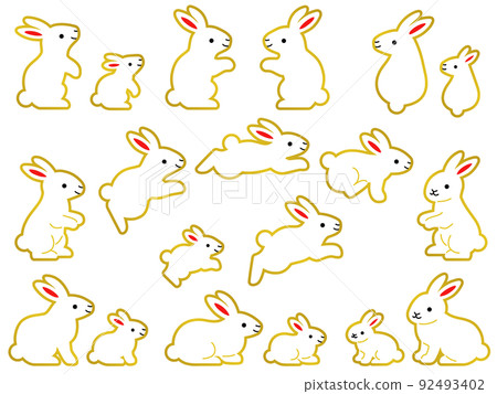 Illustration set of parent and child of white rabbit with gold rim 92493402