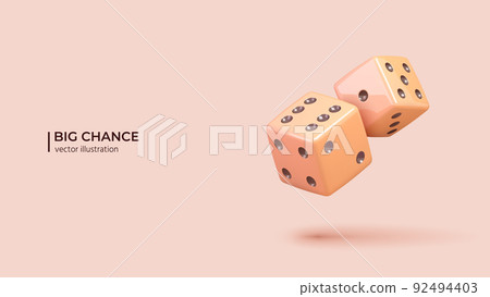 Realistic 3d design of cubes with random numbers of black dots or pips and rounded edges. Realistic 3d design of cubes with random numbers of black dots or pips and rounded edges. 92494403