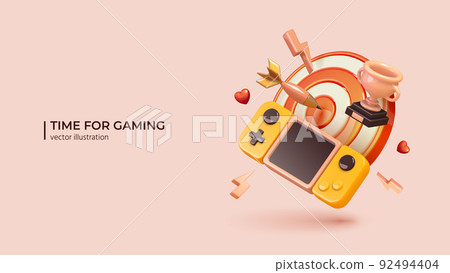 Realistic 3d design of Game console, Trophy Cup and hit target. Realistic 3d design of Game console, Trophy Cup and hit target. 92494404