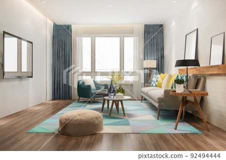 3d rendering loft scandinavian living room with working table and bookshelf 3d rendering loft scandinavian living room with working table and bookshelf 92494444