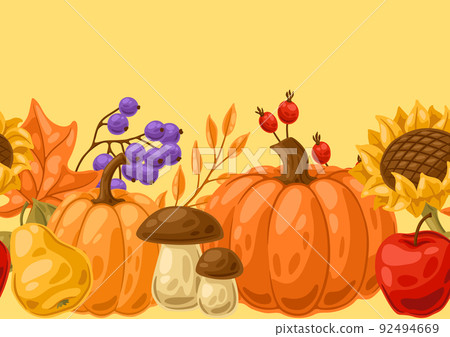 Seamless pattern with autumn plants. Harvest illustration of vegetables and leaves. 92494669