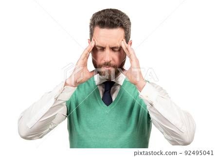 megraine. suffering businessman isolated on white. stressed guy having headache. megraine. suffering businessman isolated on white. stressed guy having headache. 92495041
