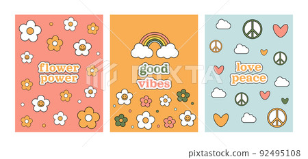 Flower power groovy 1970 set. Three postcards with colorful cartoon daisies, rainbow, hearts, symbol peace, cloud. 70s vibes background. Trippy hand drawn vector illustration. Flower power groovy 1970 set. Three postcards with colorful cartoon daisies, rainbow, hearts, symbol peace, cloud. 70s vibes background. Trippy hand drawn vector illustration. 92495108