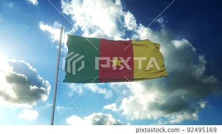 Flag of Cameroon waving at wind against beautiful blue sky. 3d illustration Flag of Cameroon waving at wind against beautiful blue sky. 3d illustration 92495169