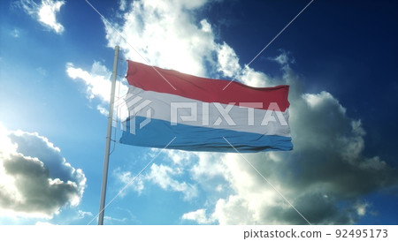 Flag of Luxembourg waving at wind against beautiful blue sky. 3d illustration Flag of Luxembourg waving at wind against beautiful blue sky. 3d illustration 92495173