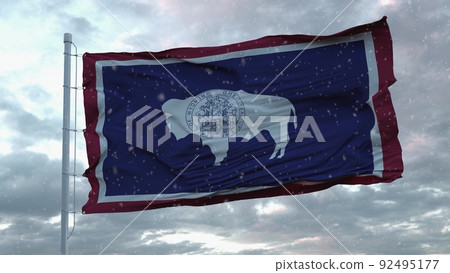 Wyoming winter flag with snowflakes background. United States of America. 3d illustration Wyoming winter flag with snowflakes background. United States of America. 3d illustration 92495177