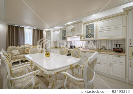 Renovated Interior of rich classic white kitchen 92495253