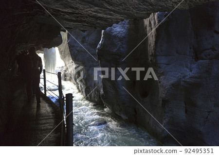Icicles at Partnachklamm in Garmisch-Partenkirchen, Bavaria, Germany, wintertime 92495351