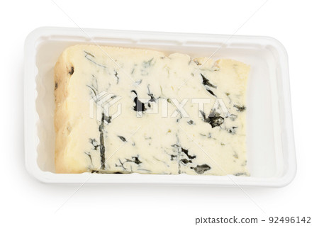 Blue cheese gorgonzola in plastic packaging isolated on white background with full depth of field. Top view. Flat lay. 92496142