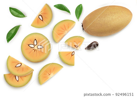 Sapodilla slices isolated on white background with full depth of field. Top view. Flat lay 92496151