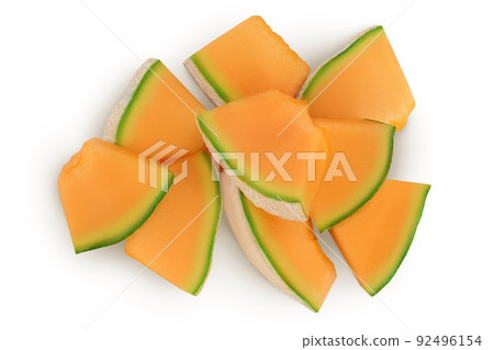 Cantaloupe melon slices isolated on white background with full depth of field. Top view. Flat lay 92496154