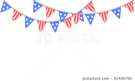 USA flag garland. US patriotic pennants chain. American party bunting decoration. United States flags for celebration. Vector background. 92496760