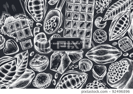 Monochrome design with chalk cocoa beans, cocoa, chocolate, chocolate candies Monochrome design with chalk cocoa beans, cocoa, chocolate, chocolate candies 92496896