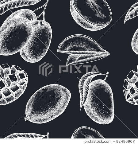 Fruits seamless pattern background design. Engraved style. Hand drawn mango. 92496907
